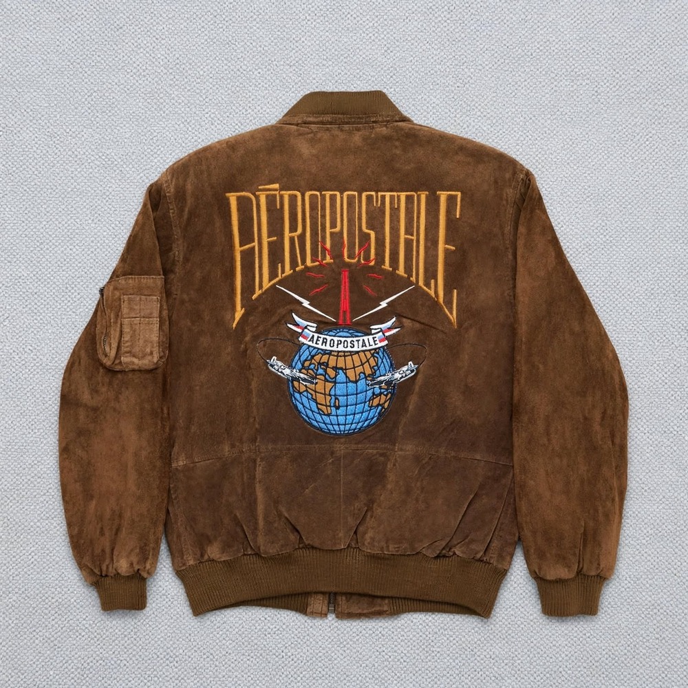 Vintage Aeropostale Suede Bomber Jacket 1991 Globe Back Men's Size M